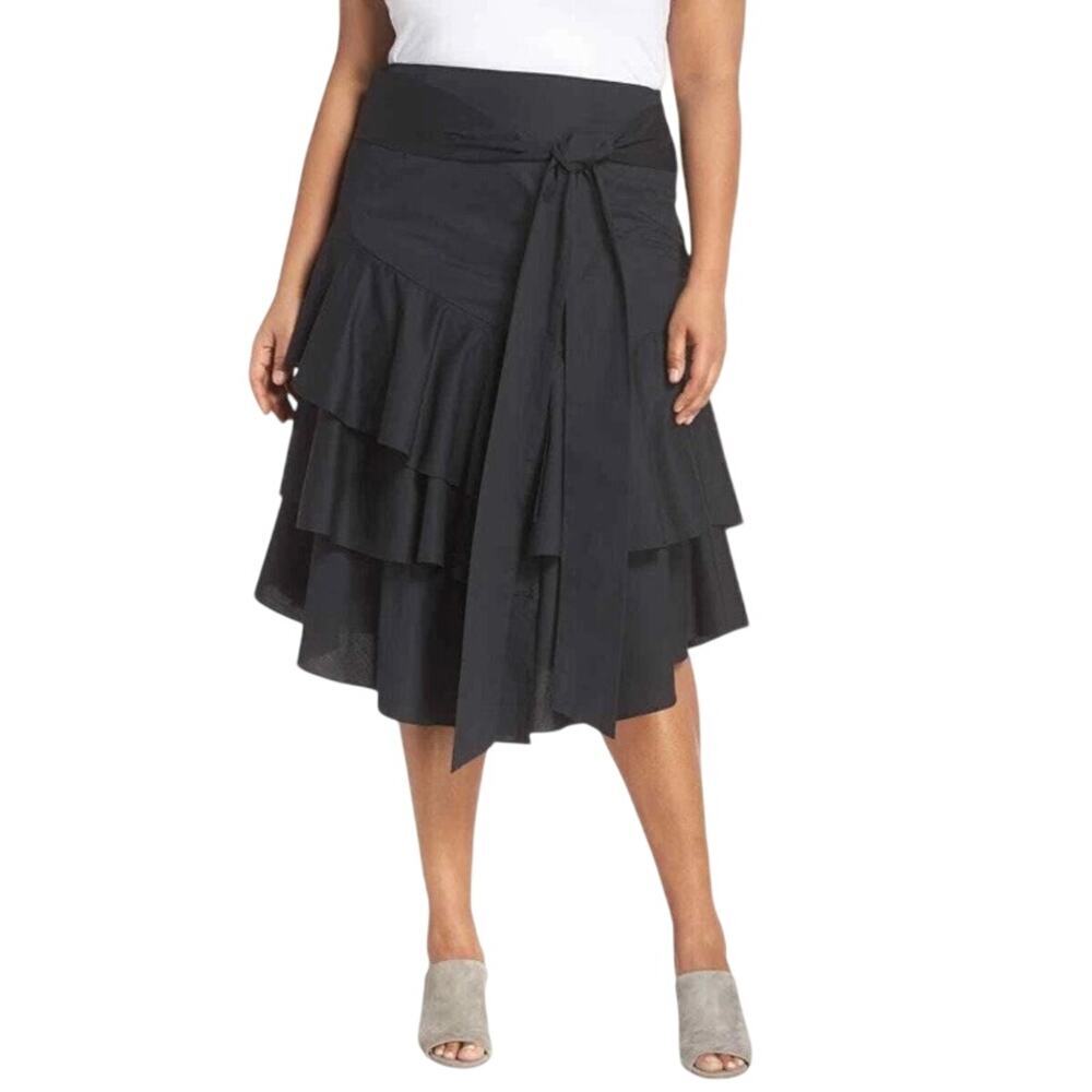 Vince Camuto Sz 16W Black Poplin Midi Skirt Belted Tiered Ruffles Asymmetrical